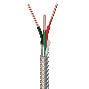 Metal Clad MC Cable, Solid Copper THHN/THWN-2 Conductor, 600 Volts, Two 14 AWG Conductors with One 14 AWG Green Ground Conductor, Aluminum Armor Sheathing, UL 83 / UL1569 / ASTM B-3 Rated
