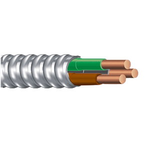 Metal Clad MC Cable, Solid Copper THHN/THWN-2 Conductor, 600 Volts, Two 10 AWG Conductors with One 10 AWG Green Ground Conductor, Aluminum Armor Sheathing, Brown / Gray Insulation, UL 83 / UL1569 / AS