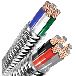 Metal Clad MC Cable, Stranded Copper THHN/THWN-2 Conductor, 600 Volts, Four 8 AWG Conductors with One 10 AWG Green Ground Conductor, Aluminum Armor Sheathing, UL 83 / UL1569 / ASTM B-3 Rated