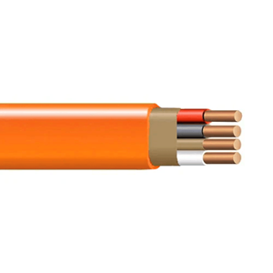 Non-Metallic NM-B Wire, 600 Volts, Class B Solid Conductors, 10 AWG size with 3 Conductors and 1 Grounded Conductor, Orange Sheathing, UL 83 & UL719 Rated