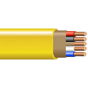 Non-Metallic NM-B Wire, 600 Volts, Class B Solid Conductors, 12 AWG size with 4 Conductors and 1 Grounded Conductor, Yellow Sheathing, UL 83 & UL719 Rated